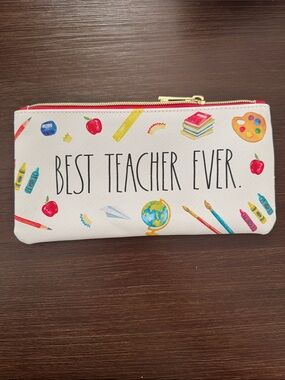 Rae Dunn "Best Teacher Ever" Pencil Pouch - White with Red, Blue, Yellow Accents